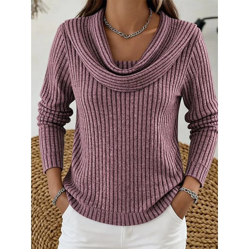 Women's purplish red ribbed knit cowl neck top