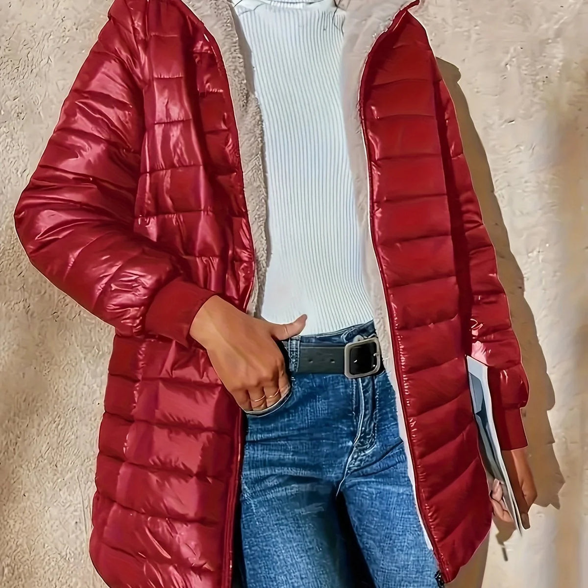 Women's burgundy quilted longline puffer coat with relaxed silhouette