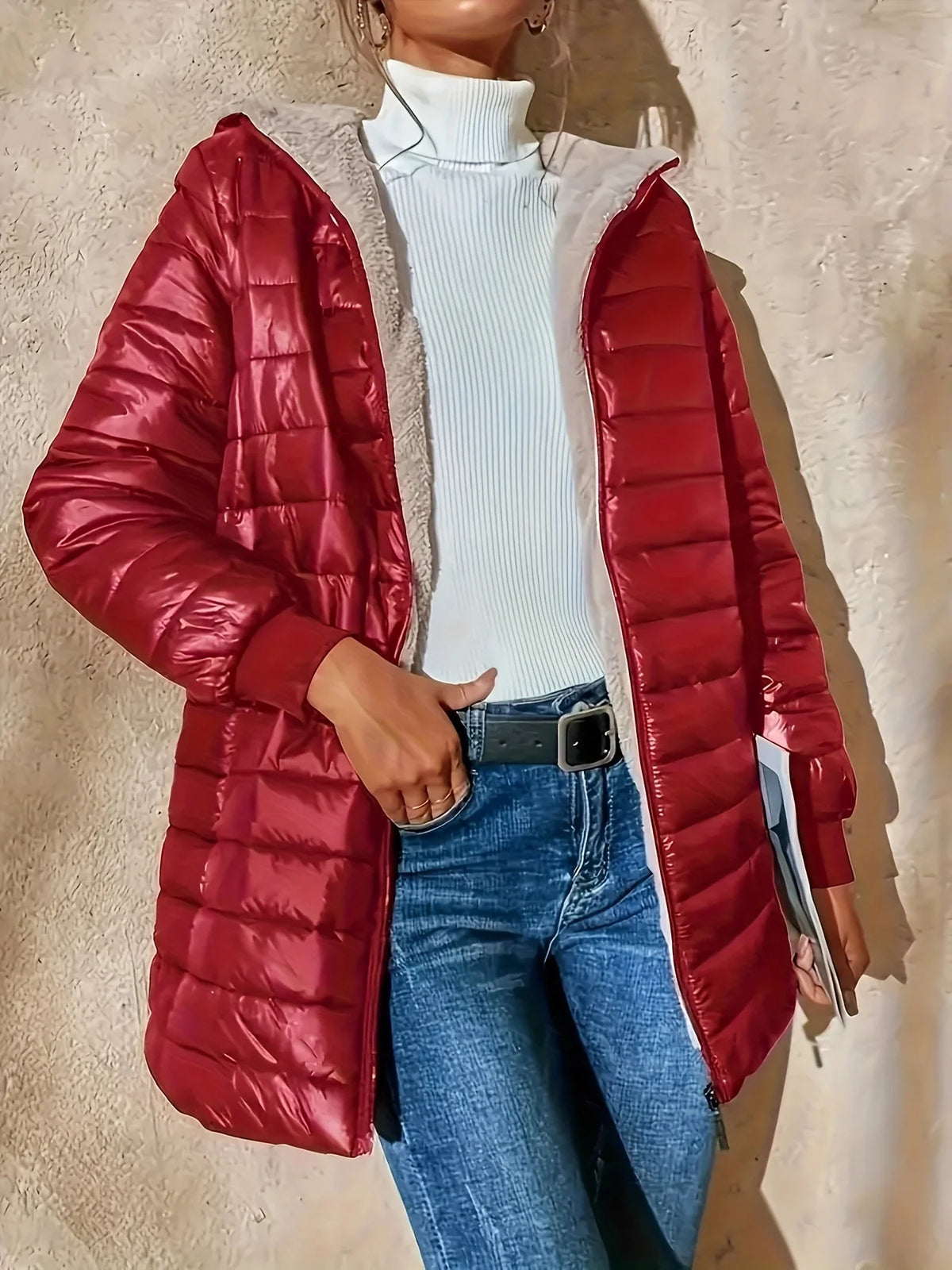 Women's burgundy quilted longline puffer coat with relaxed silhouette
