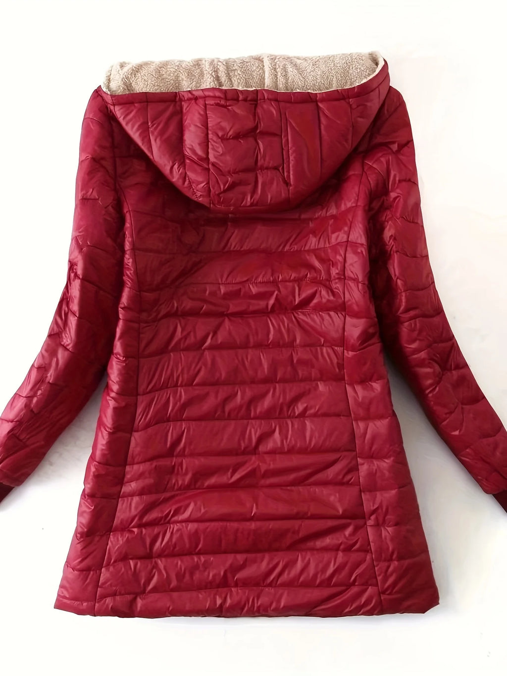 Women's burgundy quilted longline puffer coat with relaxed silhouette