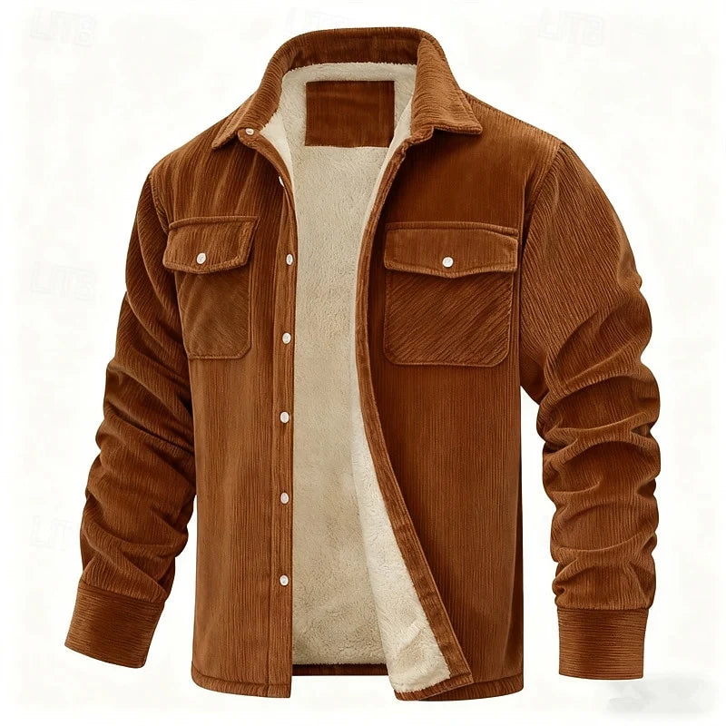 Men's brown ribbed-trim insulated jacket with full-zip closure
