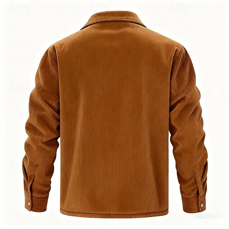 Men's brown ribbed-trim insulated jacket with full-zip closure