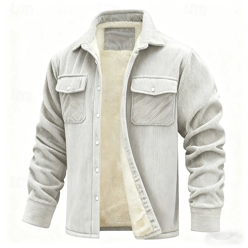 Men's beige ribbed-trim insulated jacket with full-zip closure