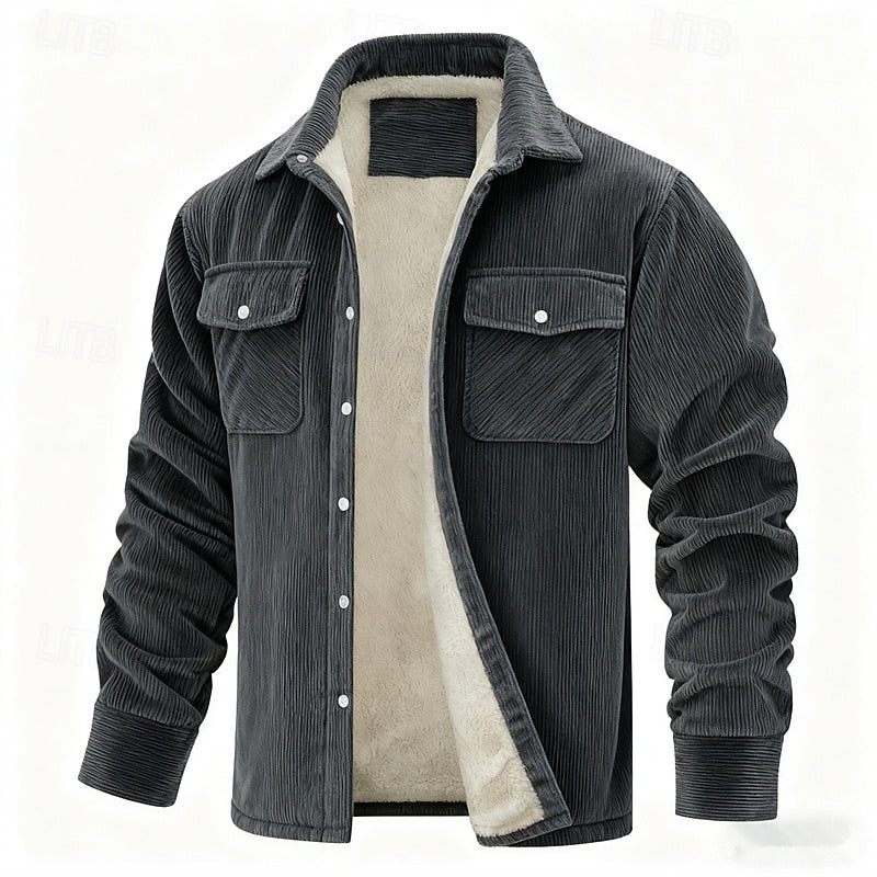 Men's dark gray ribbed-trim insulated jacket with full-zip closure