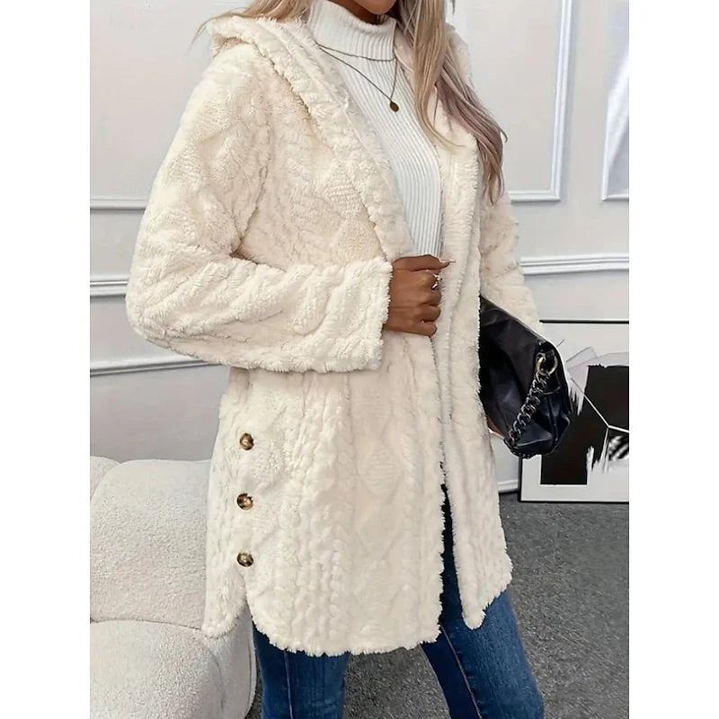 Women's white hooded Teddy Fleece Jacket, Button-Front