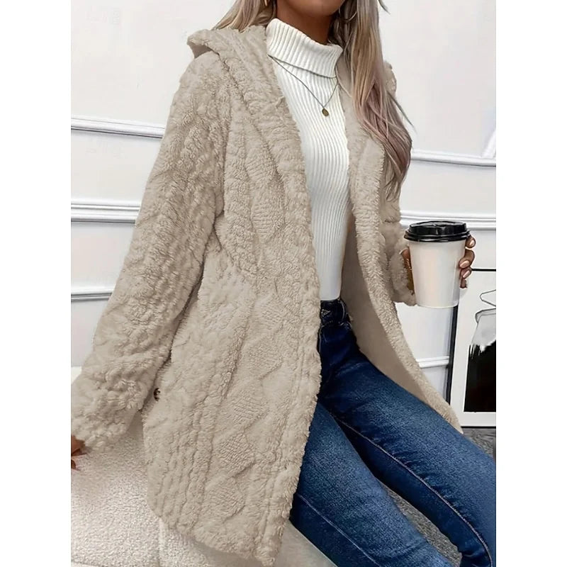 Women's apricot hooded Teddy Fleece Jacket, Button-Front