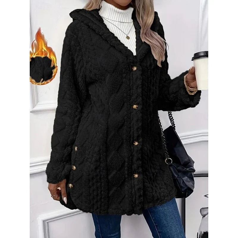 Women's black hooded Teddy Fleece Jacket, Button-Front