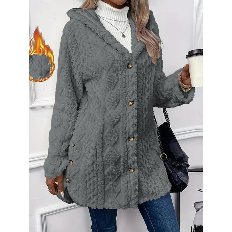 Women's gray hooded Teddy Fleece Jacket, Button-Front