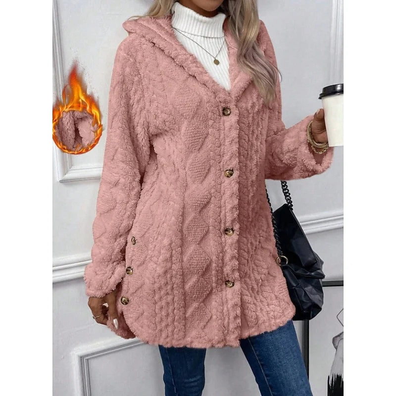 Women's pink hooded Teddy Fleece Jacket, Button-Front