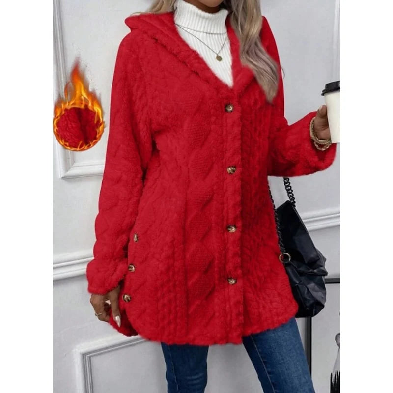Women's red hooded Teddy Fleece Jacket, Button-Front