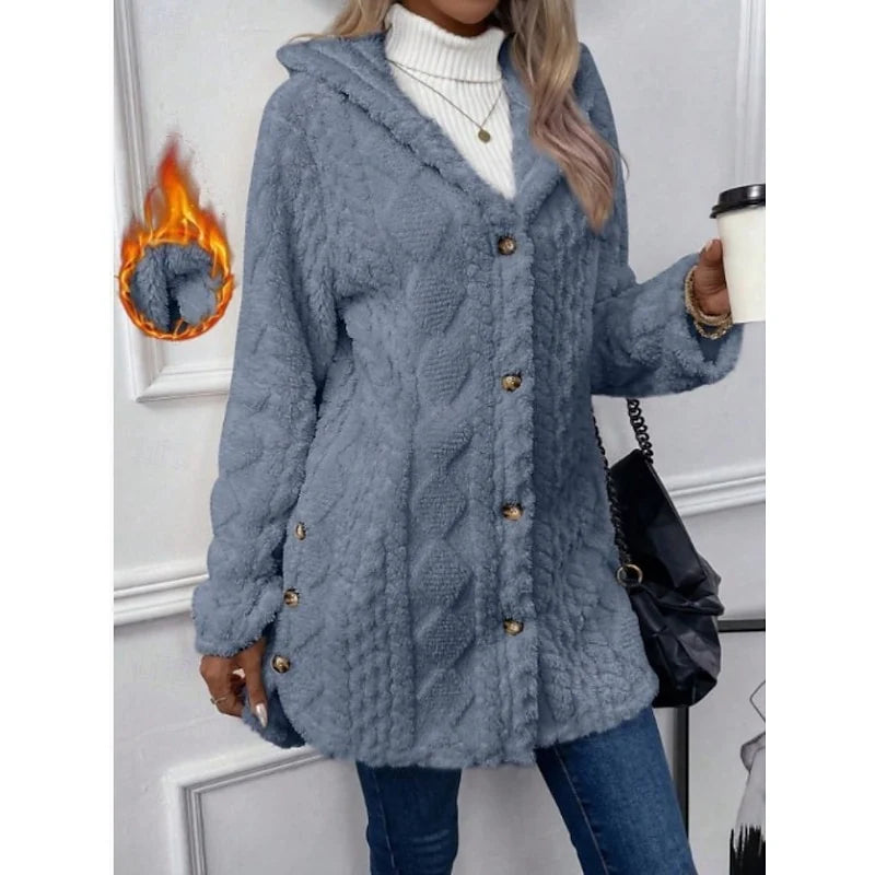 Women's dark blue hooded Teddy Fleece Jacket, Button-Front