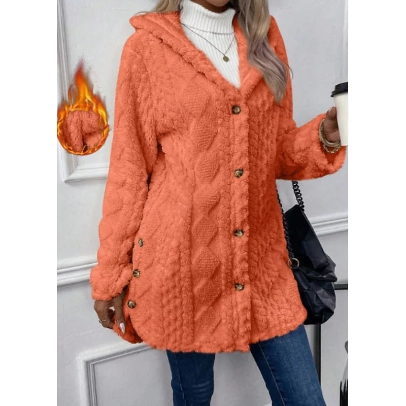 Women's orange hooded Teddy Fleece Jacket, Button-Front