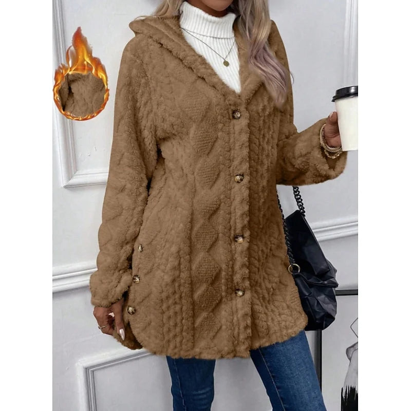 Women's coffee hooded Teddy Fleece Jacket, Button-Front