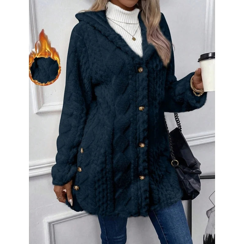 Women's navy blue hooded Teddy Fleece Jacket, Button-Front