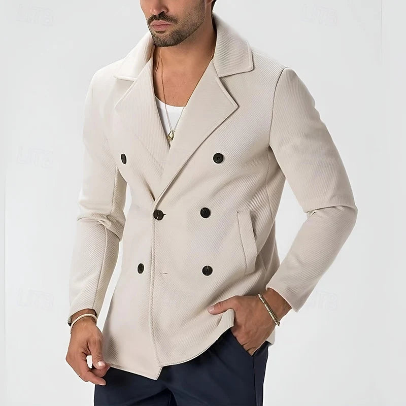 Men's white tailored Double-Breasted Pea Coat with Flap Pockets