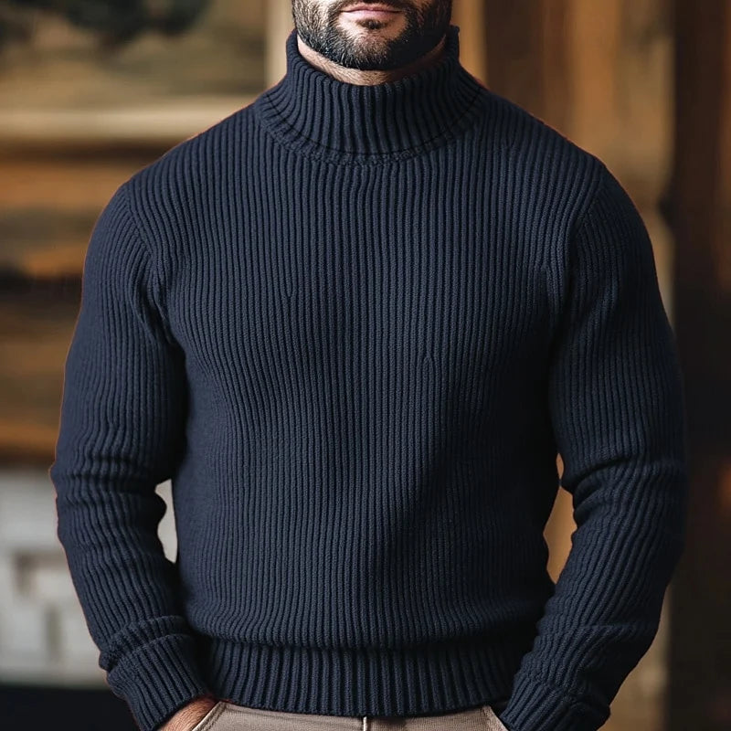 Men's navy blue ribbed Turtleneck Sweater, Slim Fit for Winter