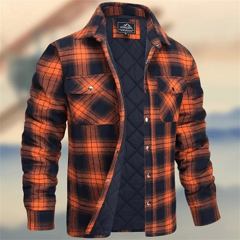Men's orange rugged quilted shirt jacket with chest pockets