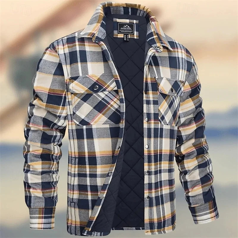 Men's khaki rugged quilted shirt jacket with chest pockets