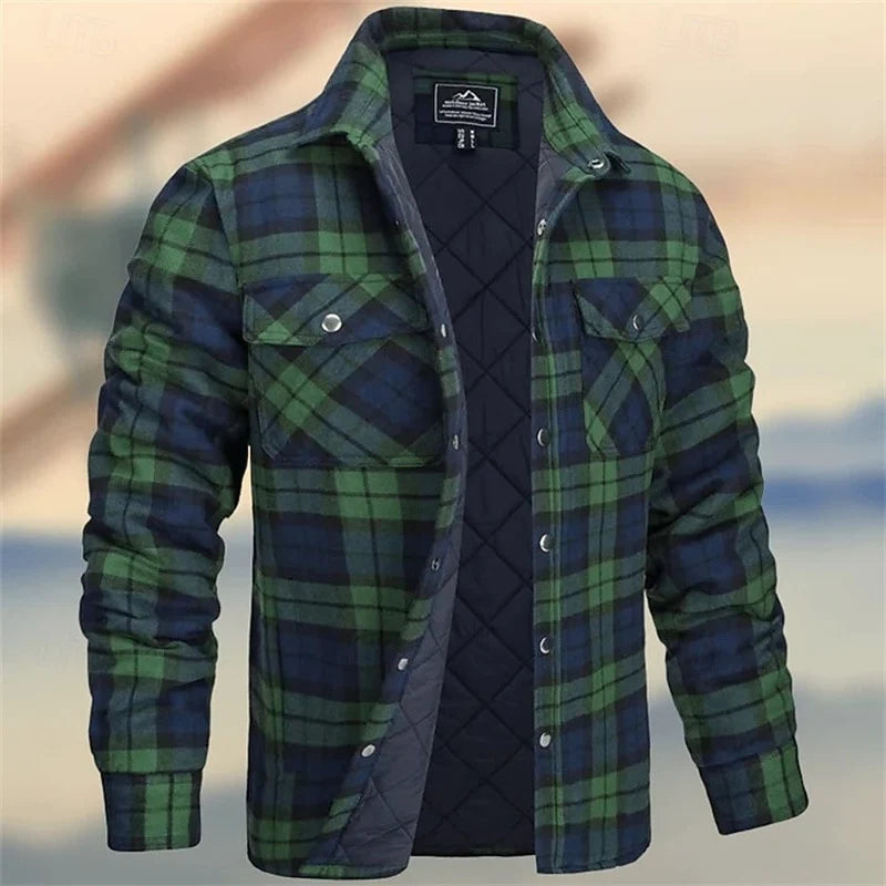 Men's green rugged quilted shirt jacket with chest pockets