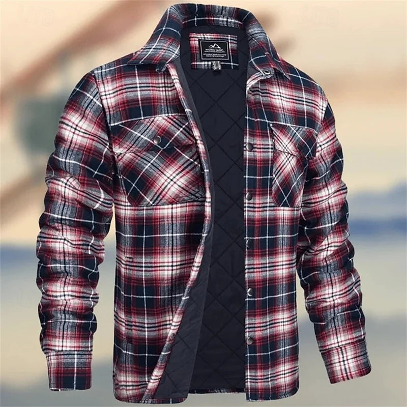 Men's burgundy rugged quilted shirt jacket with chest pockets