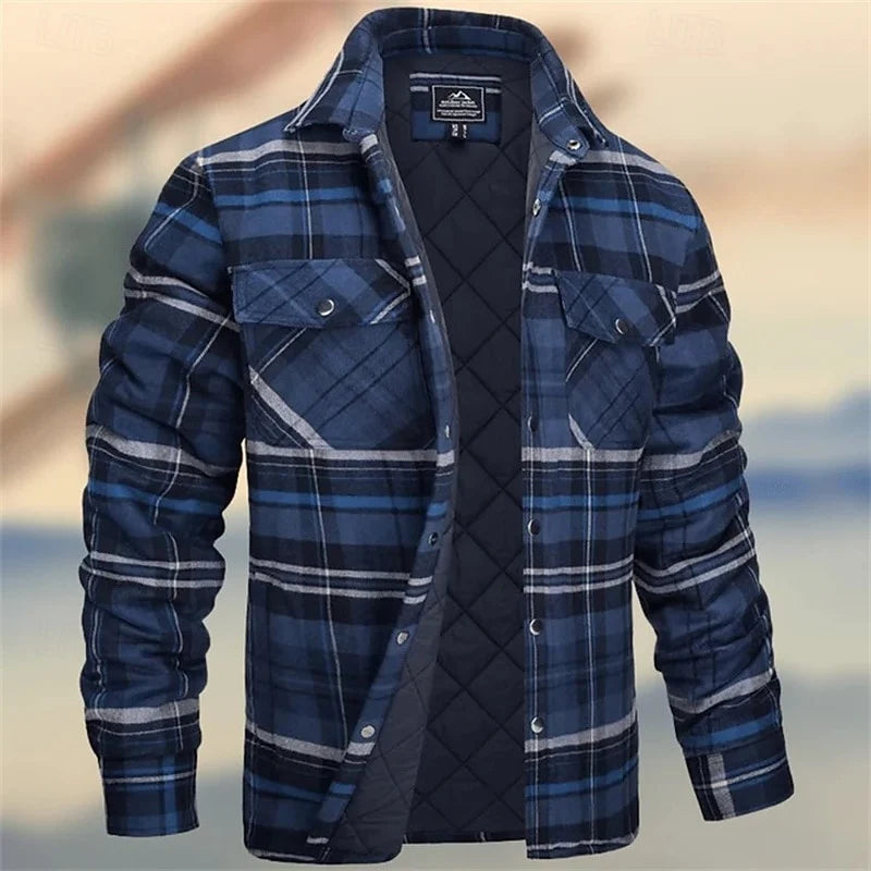 Men's navy blue rugged quilted shirt jacket with chest pockets