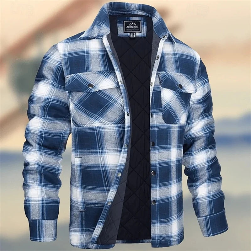 Men's sky blue rugged quilted shirt jacket with chest pockets