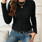 Women's black classic twist-knit sweater, with a ribbed hem
