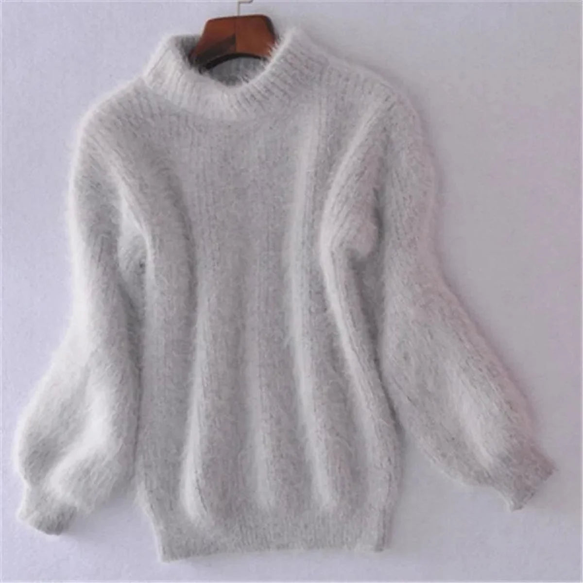 Women's gray soft ribbed mock-neck sweater for chilly days