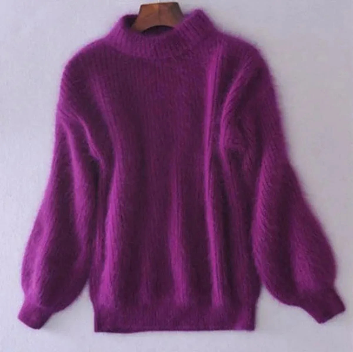 Women's purple soft ribbed mock-neck sweater for chilly days
