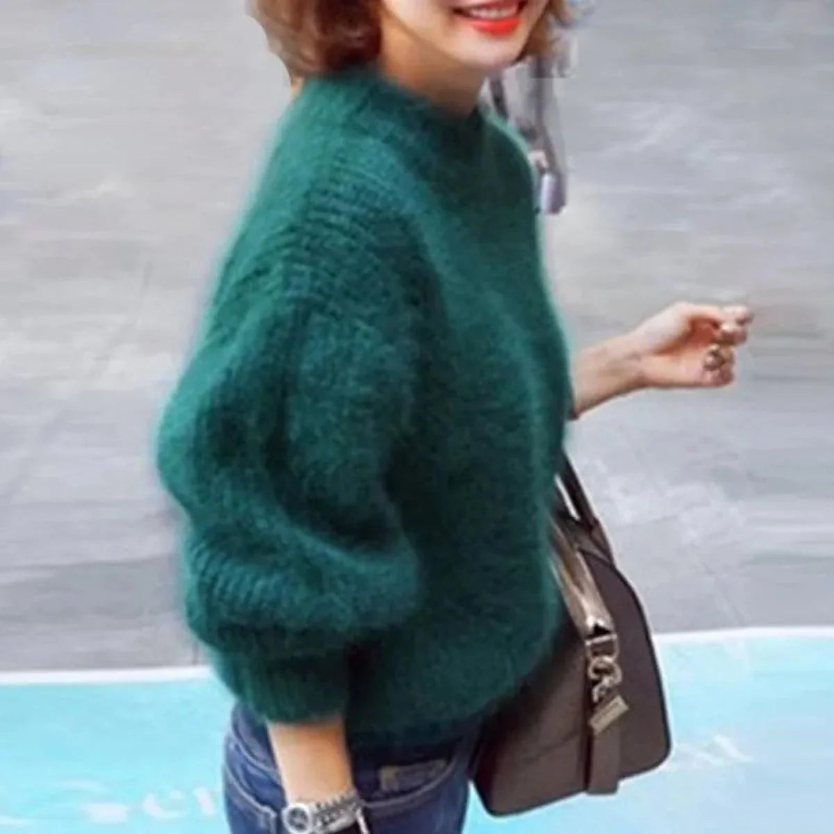 Women's green soft ribbed mock-neck sweater for chilly days
