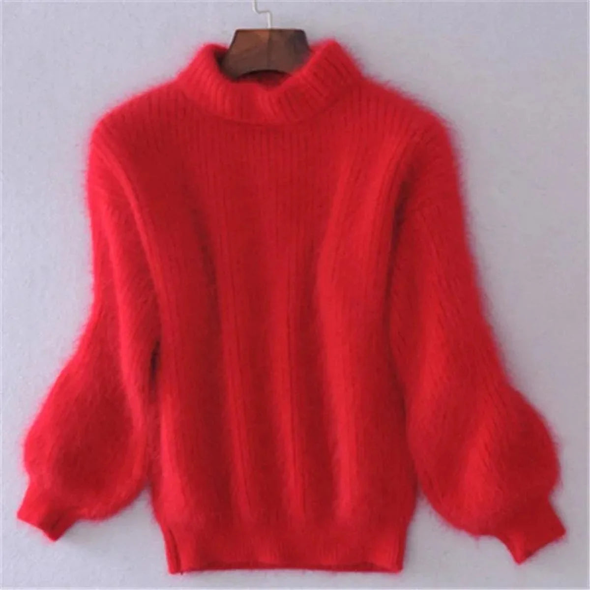 Women's red soft ribbed mock-neck sweater for chilly days