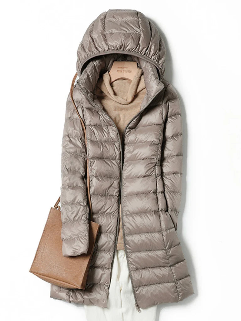 Women's taupe lightweight puffer coat