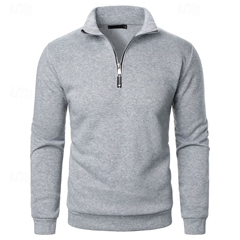 Men's gray mock-neck quarter-zip pullover, with ribbed cuffs