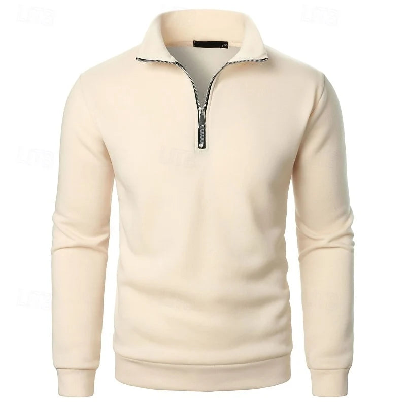 Men's apricot mock-neck quarter-zip pullover, with ribbed cuffs