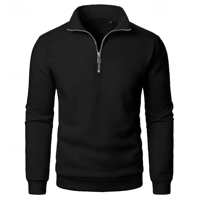 Men's black mock-neck quarter-zip pullover, with ribbed cuffs