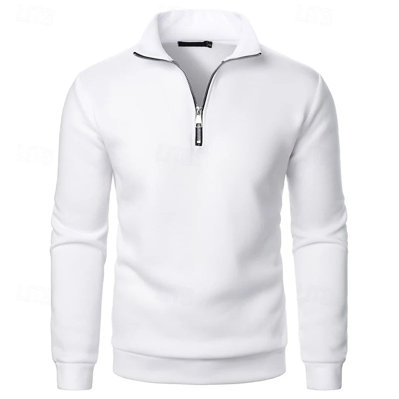 Men's white mock-neck quarter-zip pullover, with ribbed cuffs