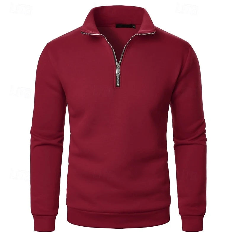 Men's wine mock-neck quarter-zip pullover, with ribbed cuffs