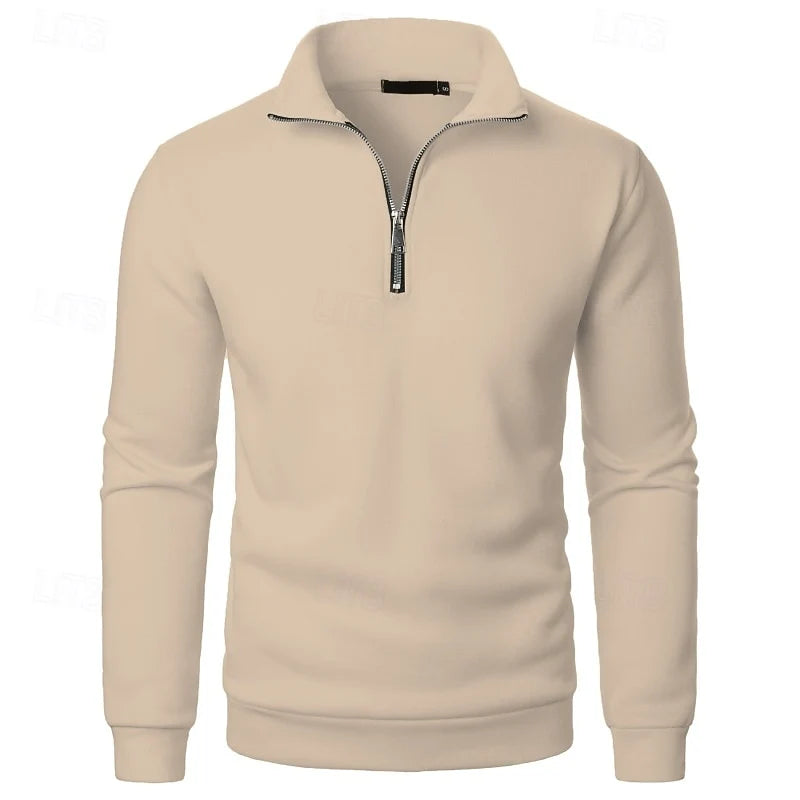 Men's khaki mock-neck quarter-zip pullover, with ribbed cuffs