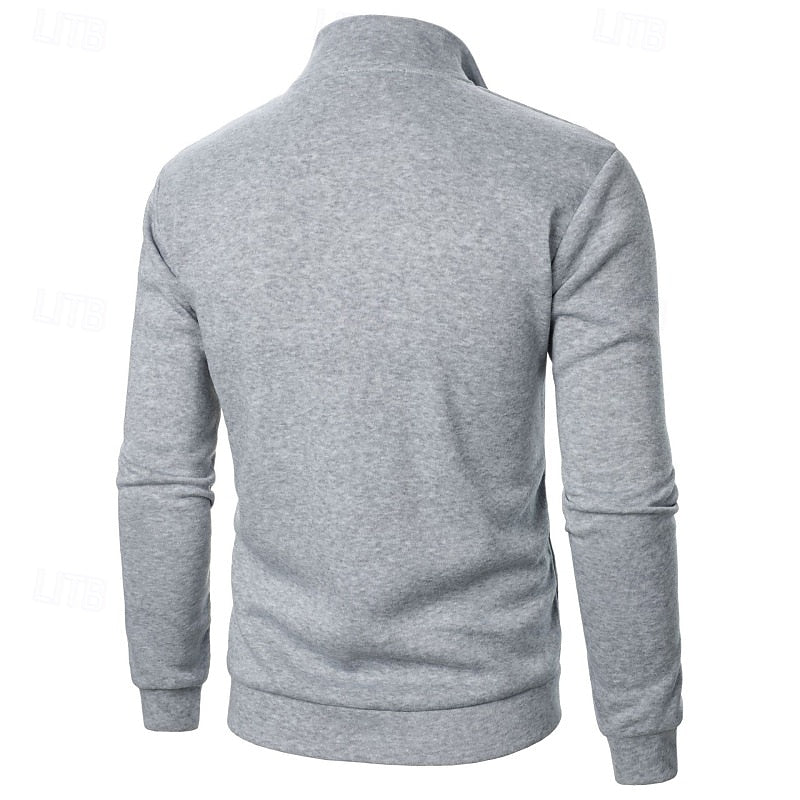 Men's khaki mock-neck quarter-zip pullover, with ribbed cuffs