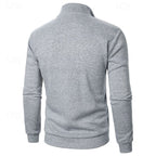 Men's khaki mock-neck quarter-zip pullover, with ribbed cuffs