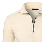 Men's khaki mock-neck quarter-zip pullover, with ribbed cuffs