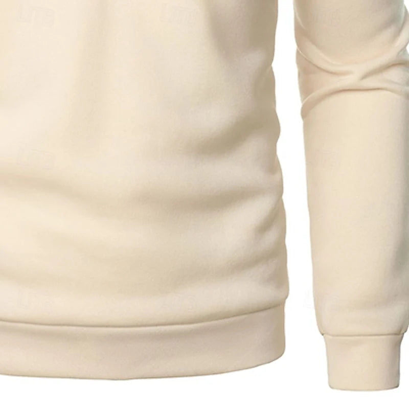 Men's khaki mock-neck quarter-zip pullover, with ribbed cuffs