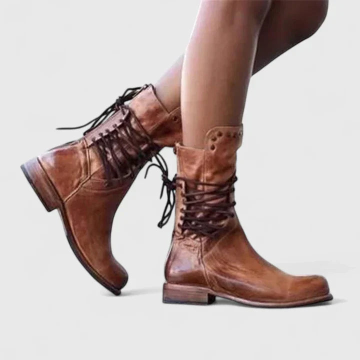 Women's brown mid-calf lace-up boots