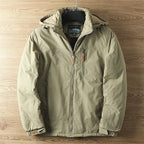 Men's khaki hooded Winter Jacket with Fleece-Lined Zip Pockets