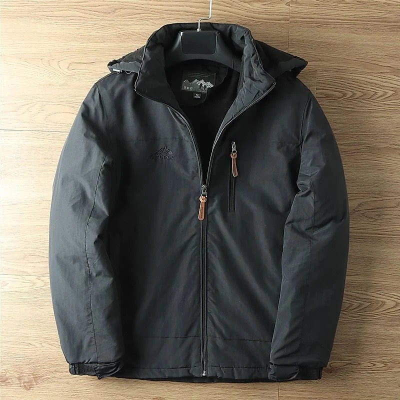Men's army green hooded Winter Jacket with Fleece-Lined Zip Pockets