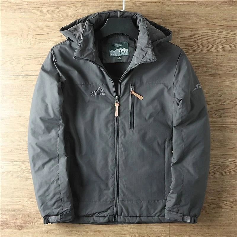 Men's army green hooded Winter Jacket with Fleece-Lined Zip Pockets