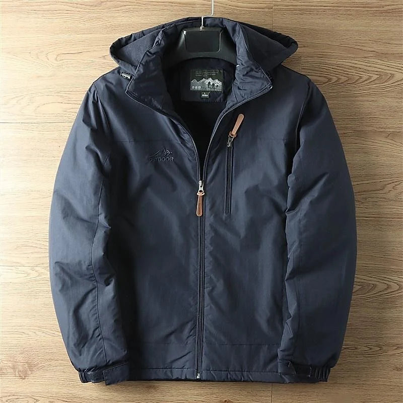 Men's army green hooded Winter Jacket with Fleece-Lined Zip Pockets