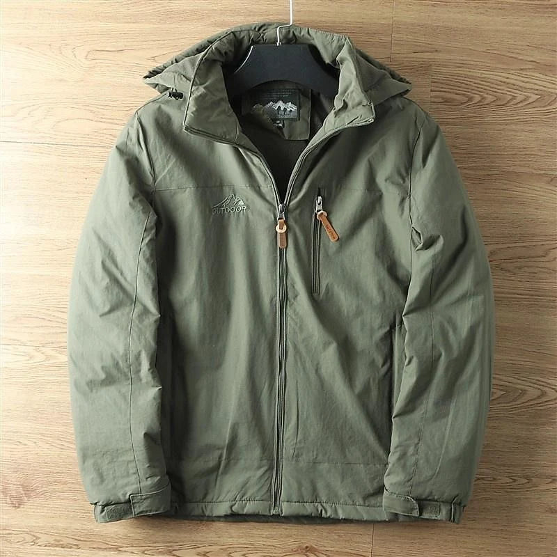 Men's army green hooded Winter Jacket with Fleece-Lined Zip Pockets