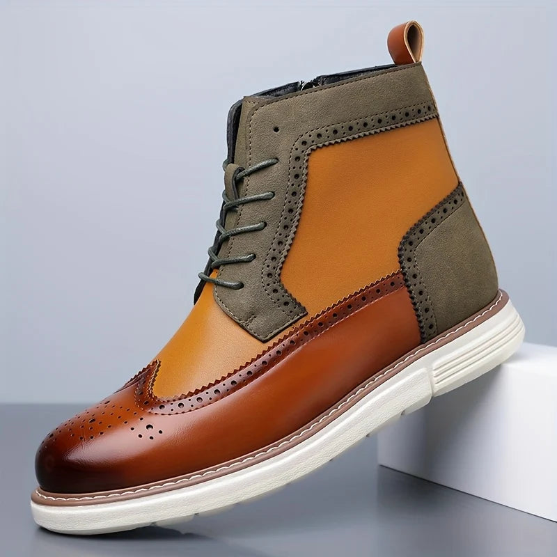 Men's brown two-tone wingtip ankle boot with side zip