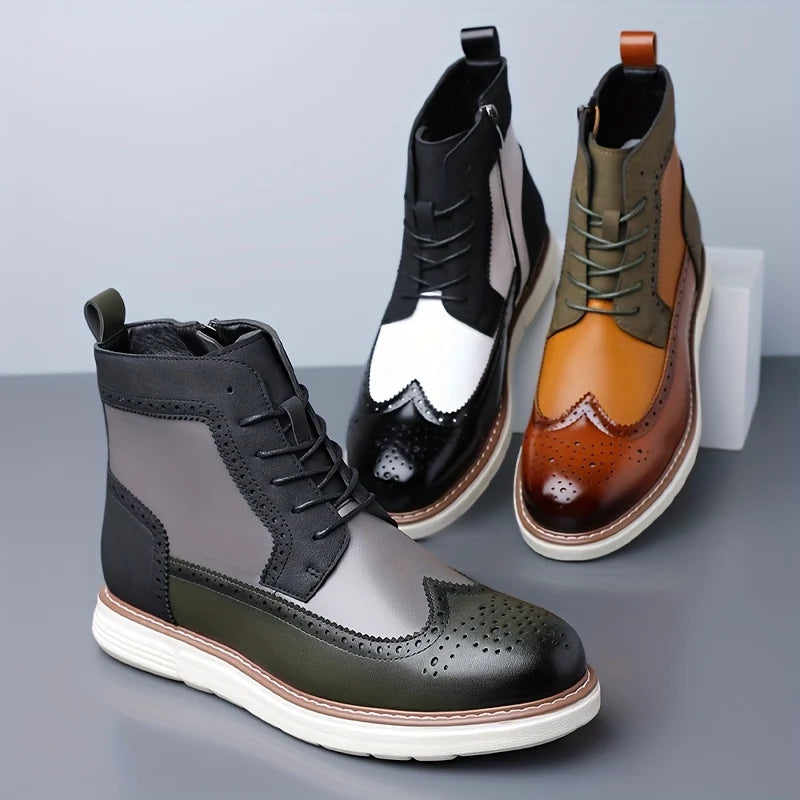 Men's wingtip ankle boots shown in black, brown, and green